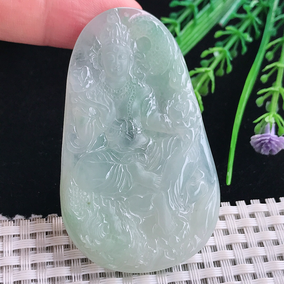 实拍A货翡翠66/40/5.5老坑冰胶果冻冰晴绿御龙观音吊坠翡翠玉牌