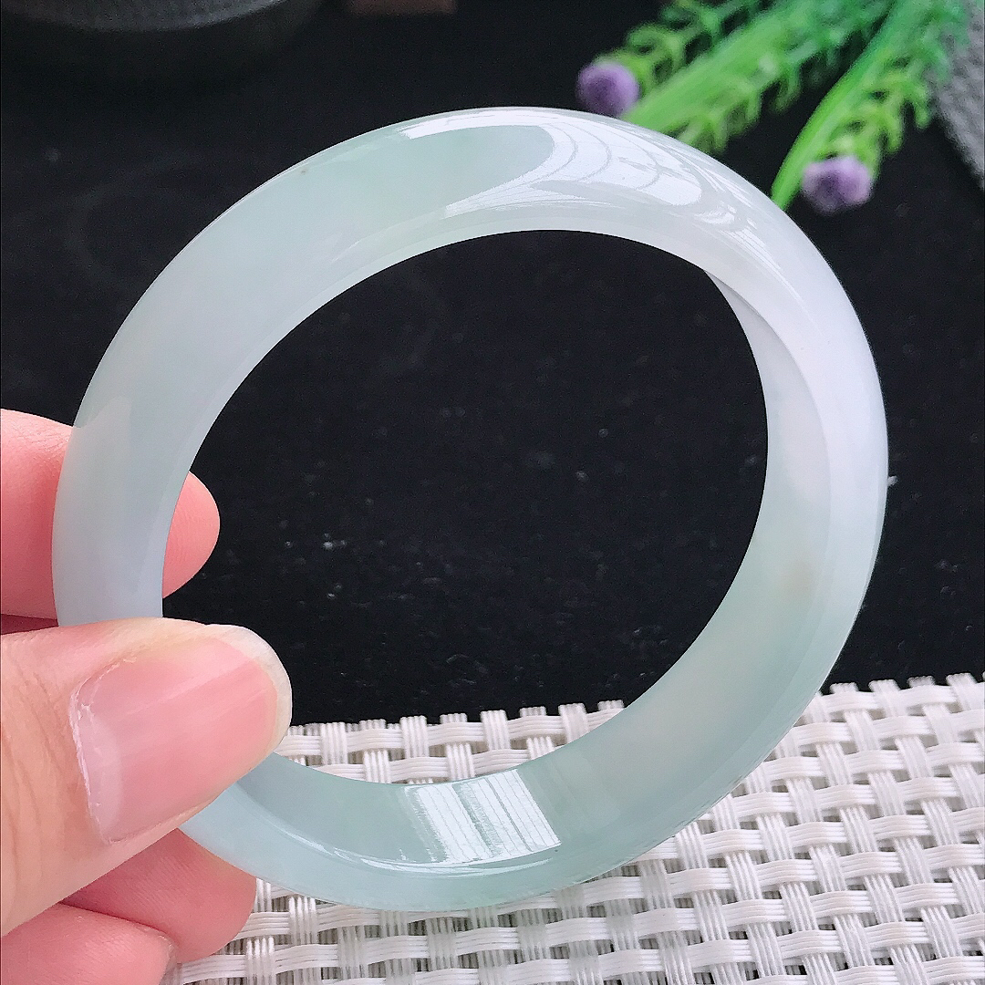 实拍A货翡翠58/14.8/7.8老坑冰透果冻胶冰晴天空蓝手镯翡翠宽边玉镯平安镯