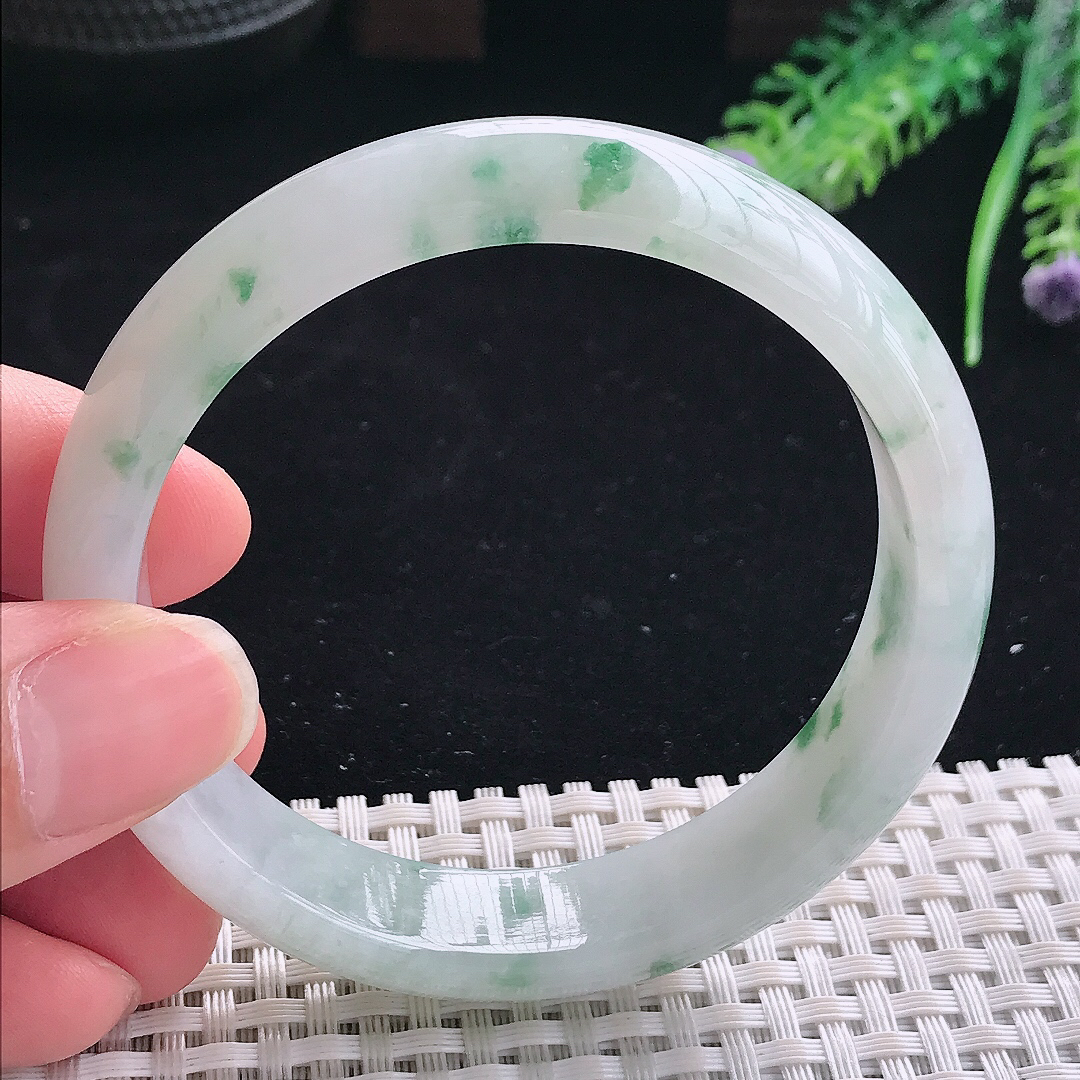 实拍A货翡翠58/13.8/7.5老坑冰润起胶飘花手镯翡翠宽边玉镯平安镯美人镯