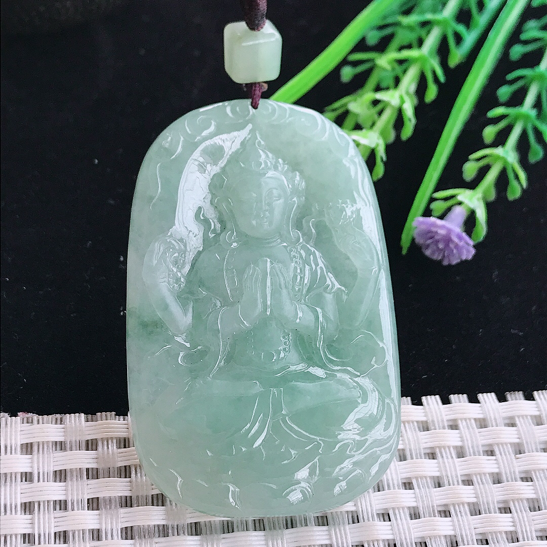 实拍A货翡翠55/35.8/6.2老坑冰润起胶冰晴四臂观音吊坠翡翠玉观音