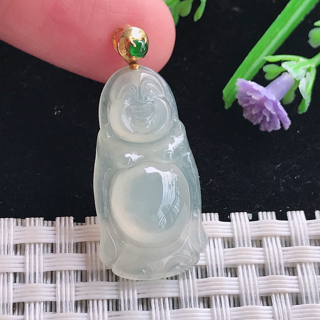 实拍A货翡翠29.2/15/5.8老坑18k金镶嵌冰胶站佛吊坠翡翠玉牌