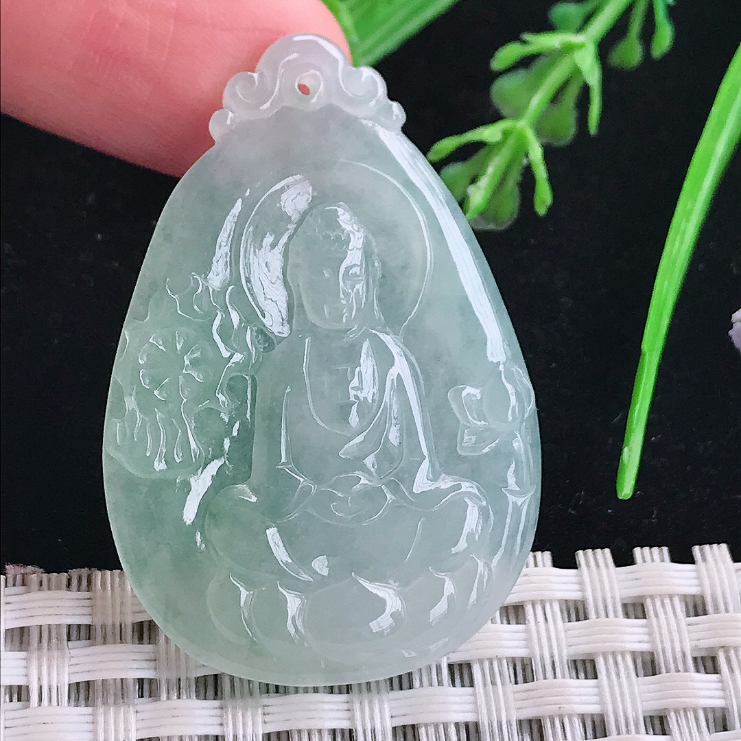 实拍A货翡翠43/29/4.4老坑冰胶果冻冰晴观音菩萨吊坠翡翠玉牌