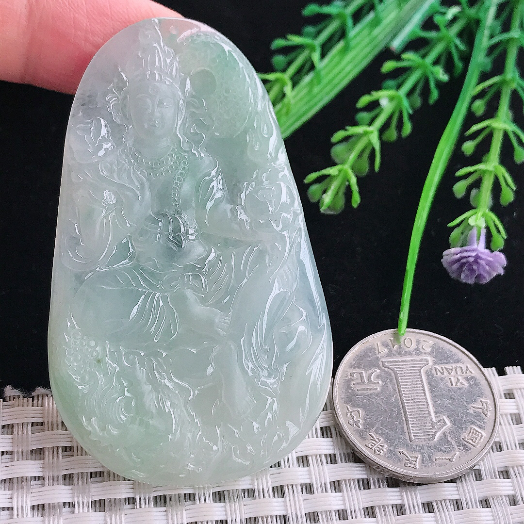 实拍A货翡翠66/40/5.5老坑冰胶果冻冰晴绿御龙观音吊坠翡翠玉牌