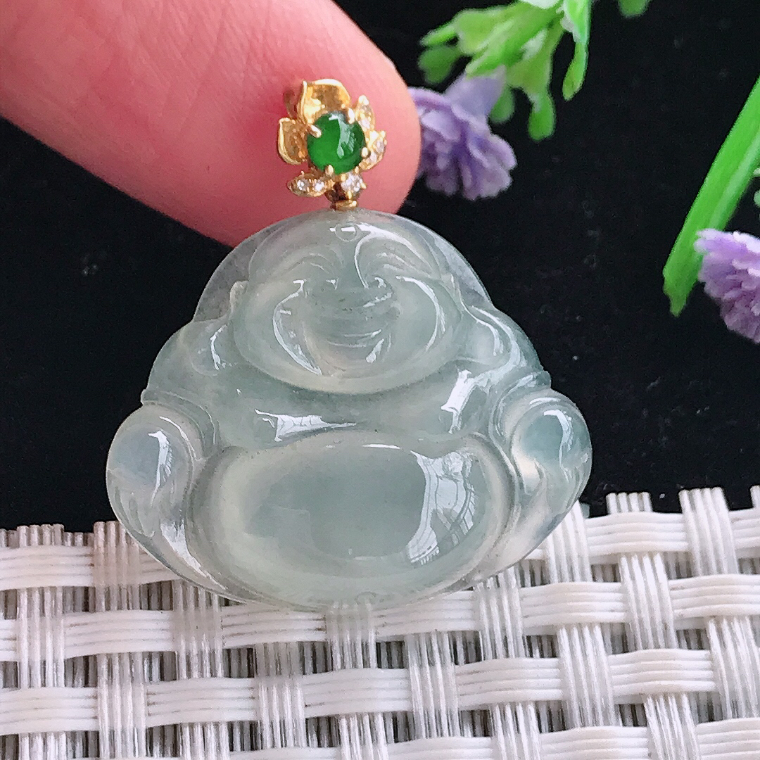 实拍A货翡翠22/26.3/5.6老坑18k金镶嵌冰种佛公吊坠翡翠玉牌