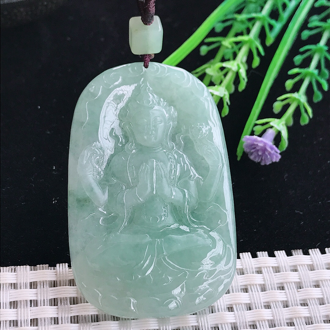 实拍A货翡翠55/35.8/6.2老坑冰润起胶冰晴四臂观音吊坠翡翠玉观音