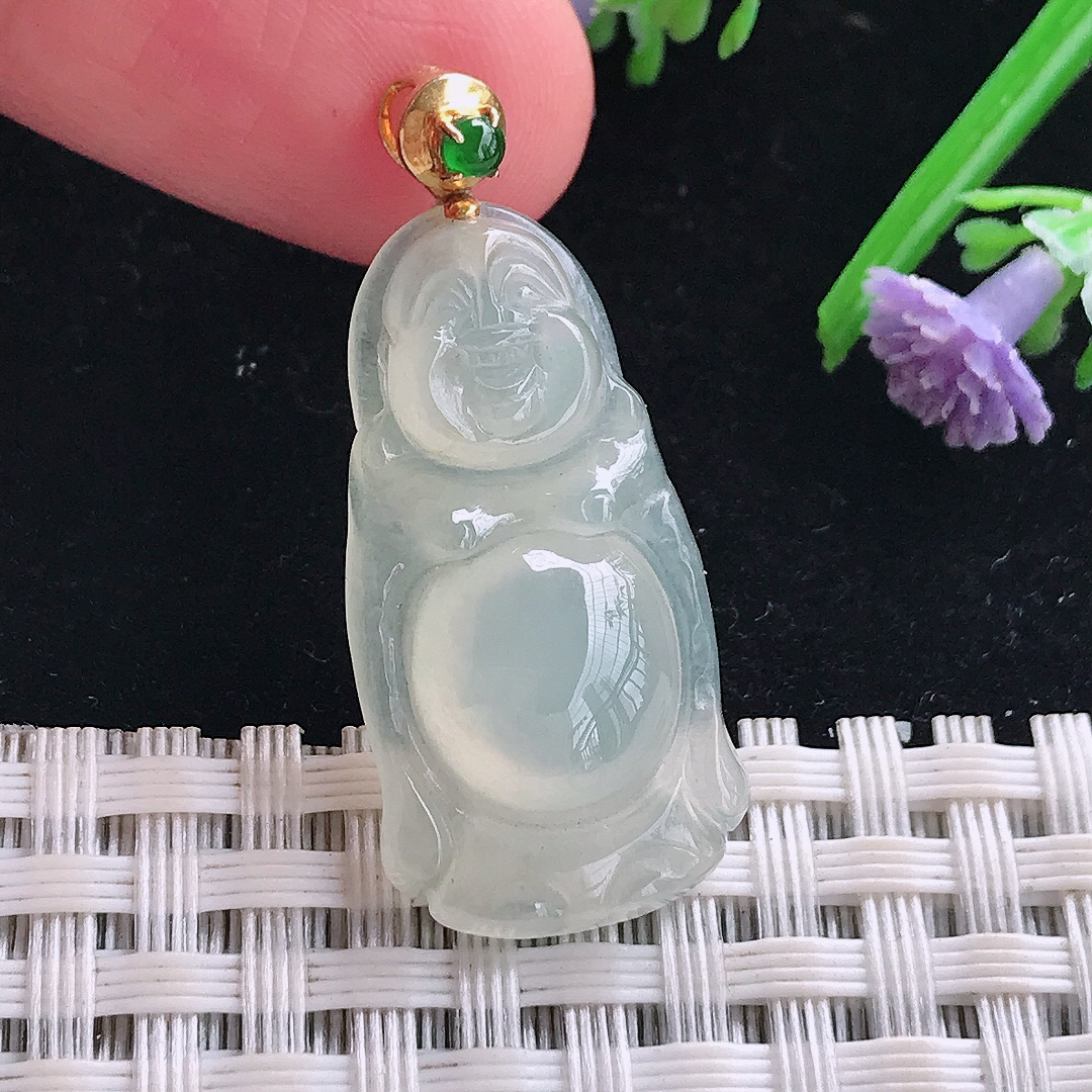 实拍A货翡翠29.2/15/5.8老坑18k金镶嵌冰胶站佛吊坠翡翠玉牌