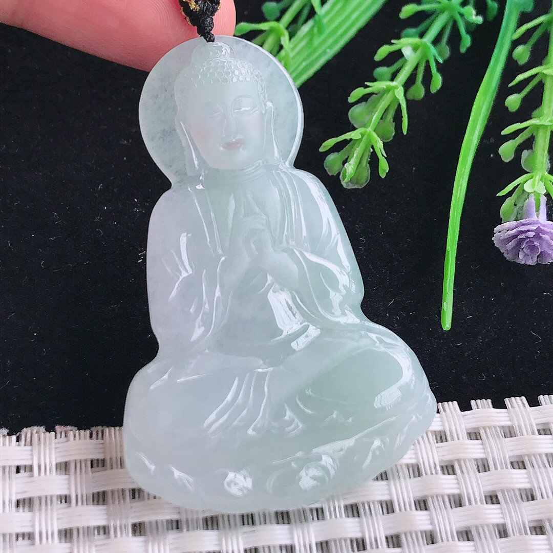 实拍A货翡翠56/37.3/5.2老坑冰胶果冻大日如来佛祖吊坠翡翠玉牌