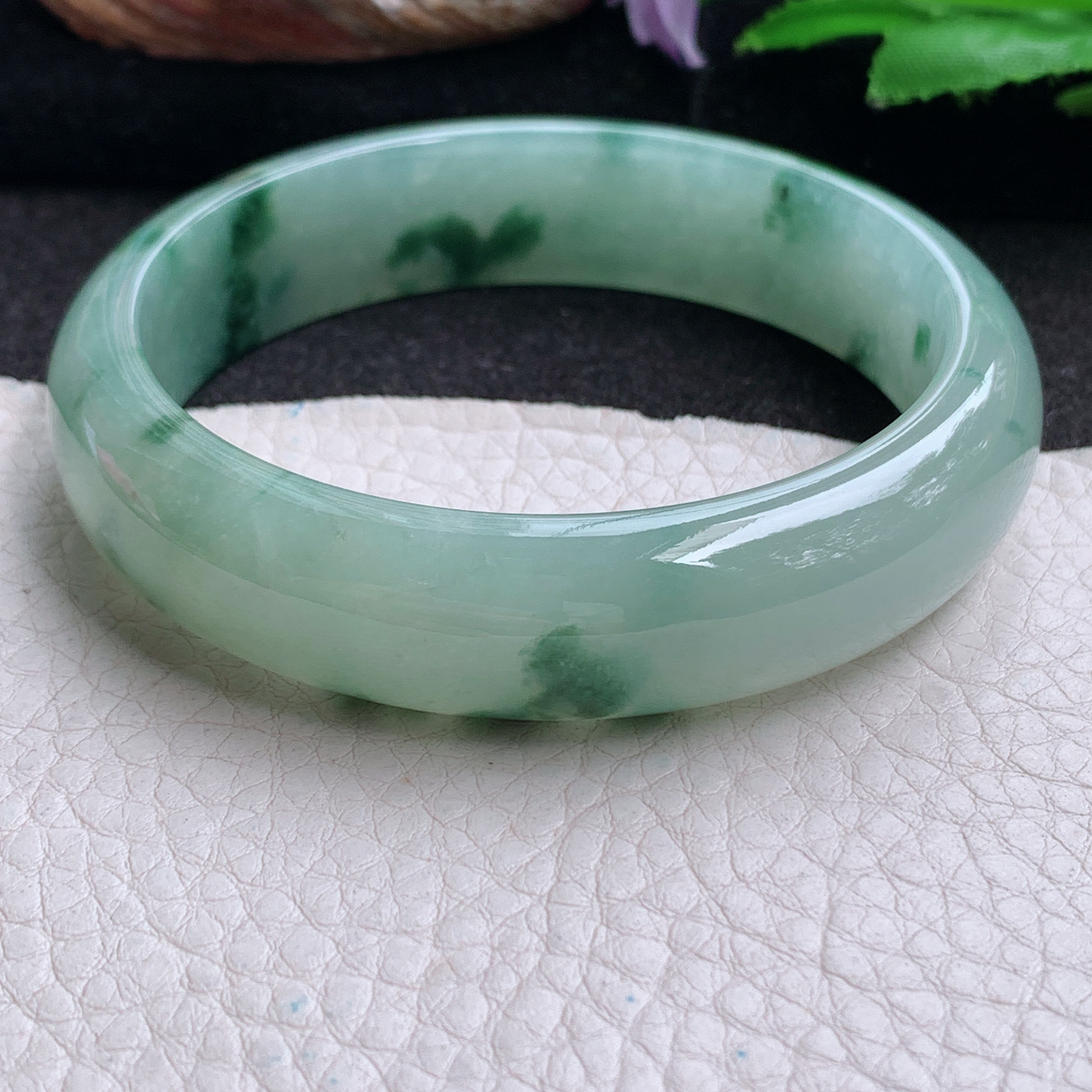 p实拍59.6*15*7.6平安镯 天然缅甸翡翠a货手镯冰飘花正圈玉镯子