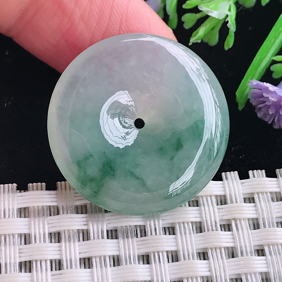 实拍A货翡翠26.3/5.3老坑冰胶水灵冰飘花平安扣吊坠翡翠玉牌