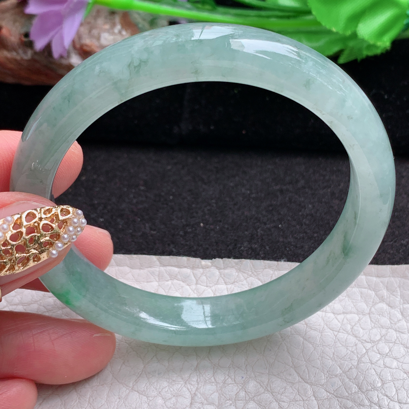 zjf实拍56*11.3*7.5平安镯 天然缅甸翡翠a货手镯冰润飘绿花正圈玉镯子