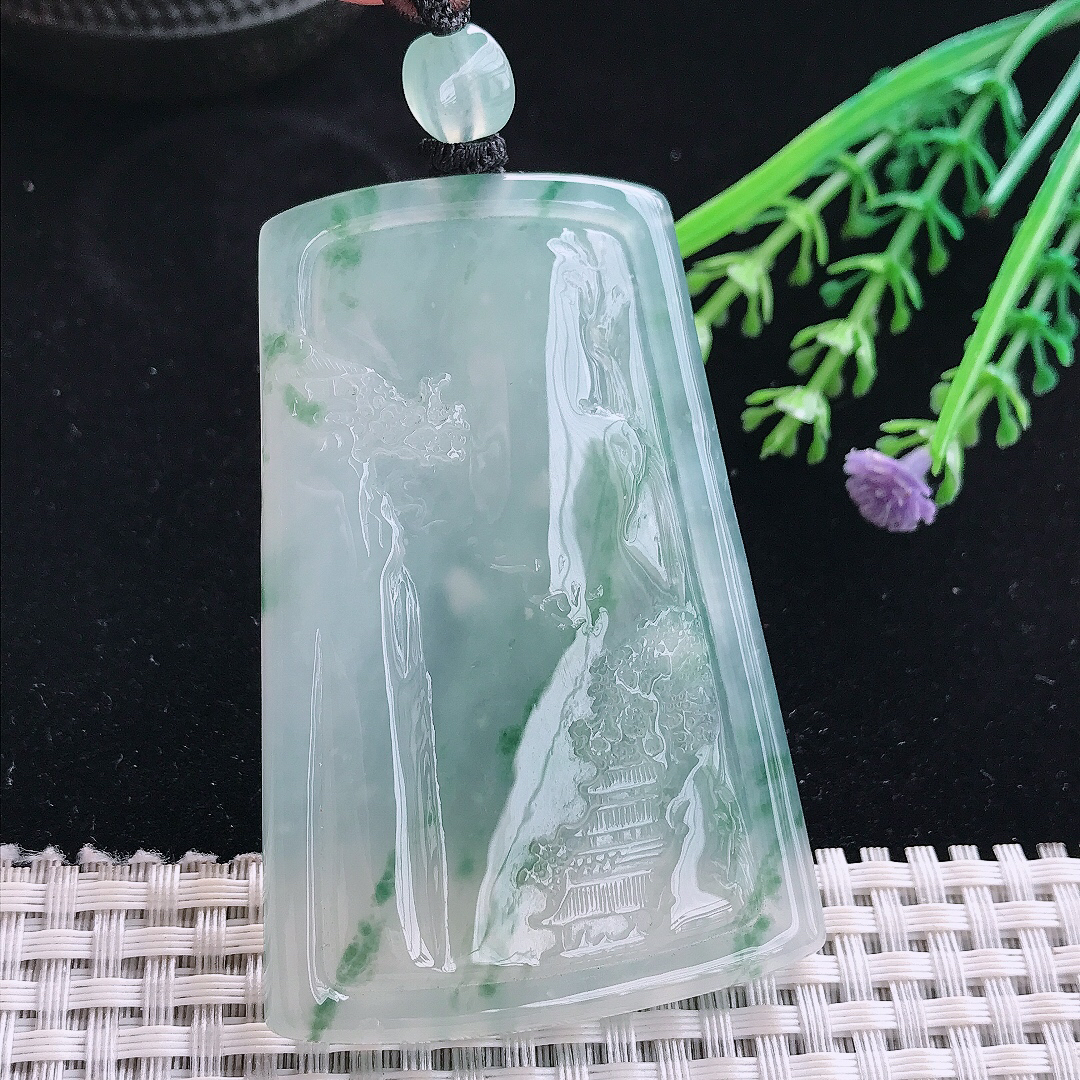 实拍A货翡翠69/46/6.5老坑冰胶果冻冰飘花山水意境牌吊坠翡翠玉牌
