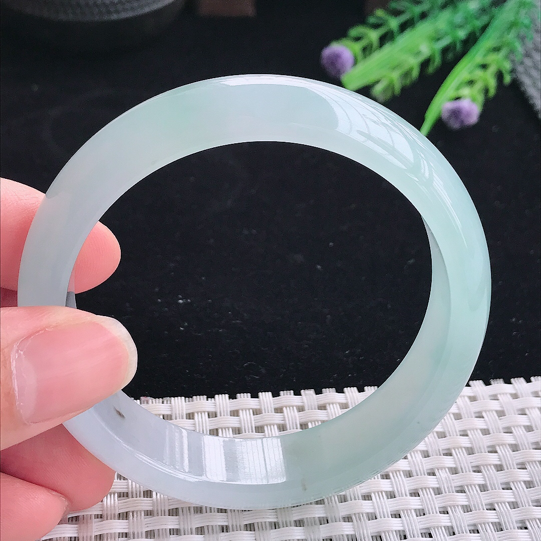 实拍A货翡翠58/14.8/7.8老坑冰透果冻胶冰晴天空蓝手镯翡翠宽边玉镯平安镯