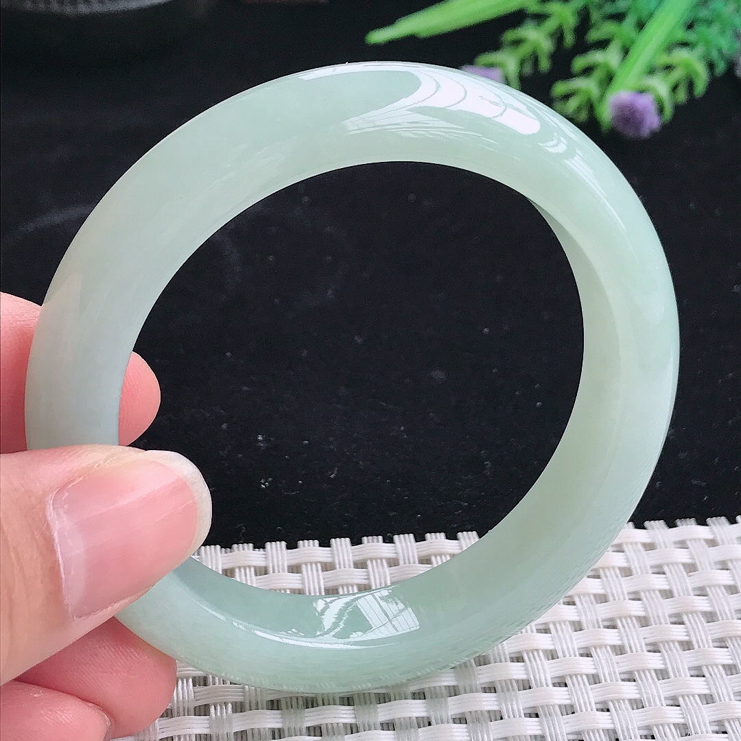 实拍A货翡翠54.5/11.7/9老坑冰纯起胶冰晴绿手镯翡翠宽边玉镯平安镯美人镯