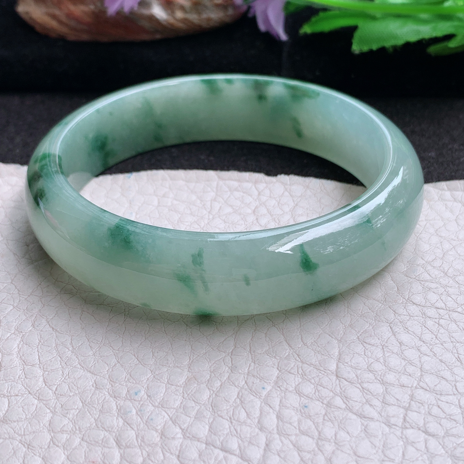 p实拍59.6*15*7.6平安镯 天然缅甸翡翠a货手镯冰飘花正圈玉镯子