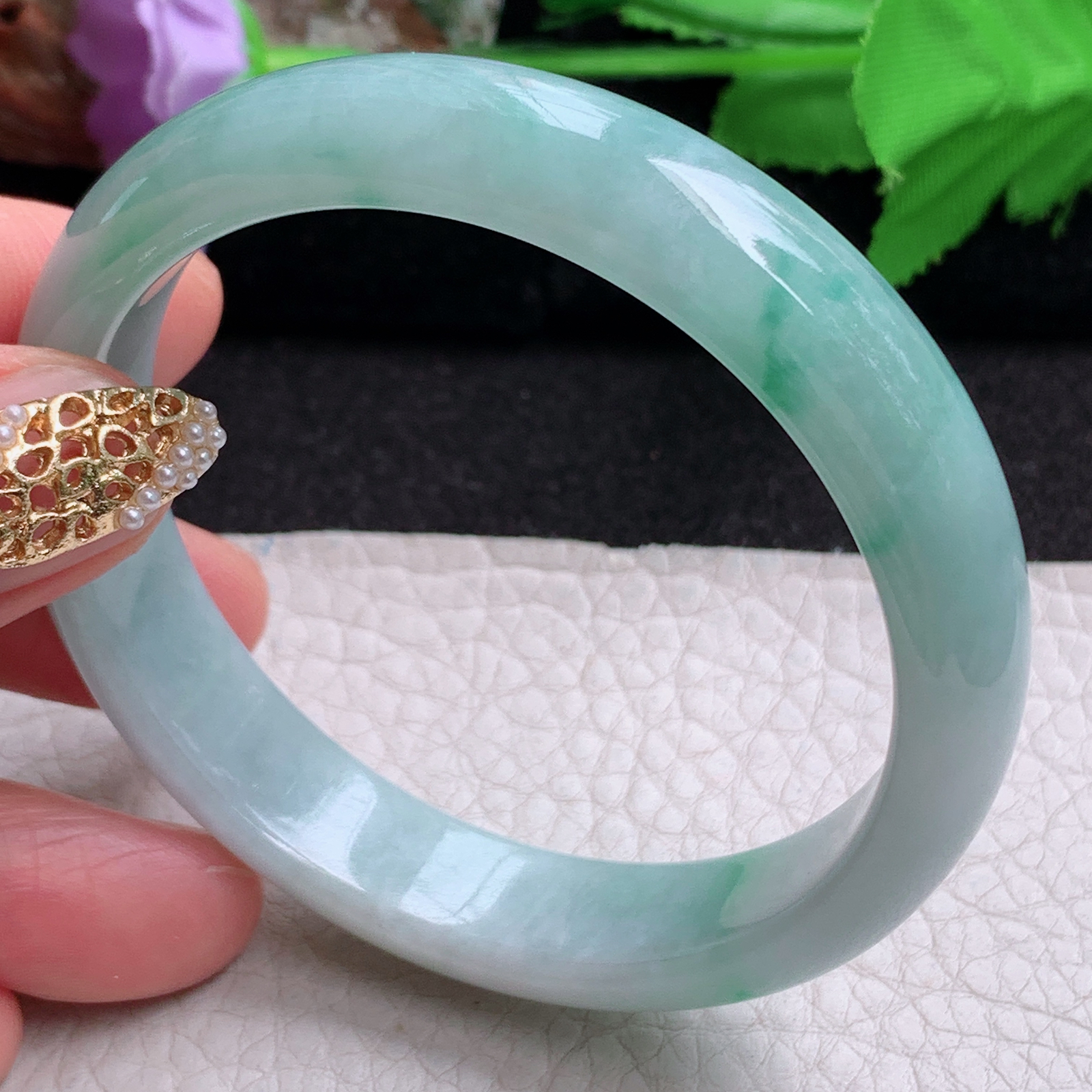zjf实拍55*12.3*7平安镯 天然缅甸翡翠a货手镯飘花秀气正圈玉镯子