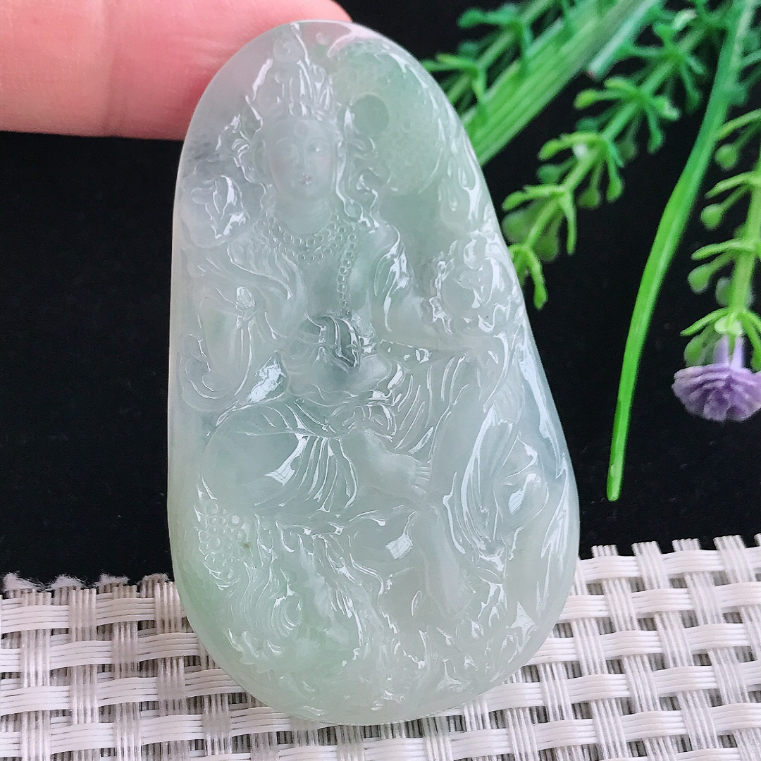 实拍A货翡翠66/40/5.5老坑冰胶果冻冰晴绿御龙观音吊坠翡翠玉牌