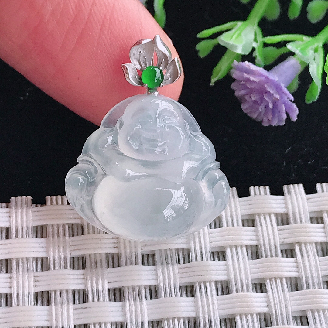 实拍A货翡翠17.2/19/6.9老坑18k金镶嵌起光冰种小佛公吊坠翡翠玉佛