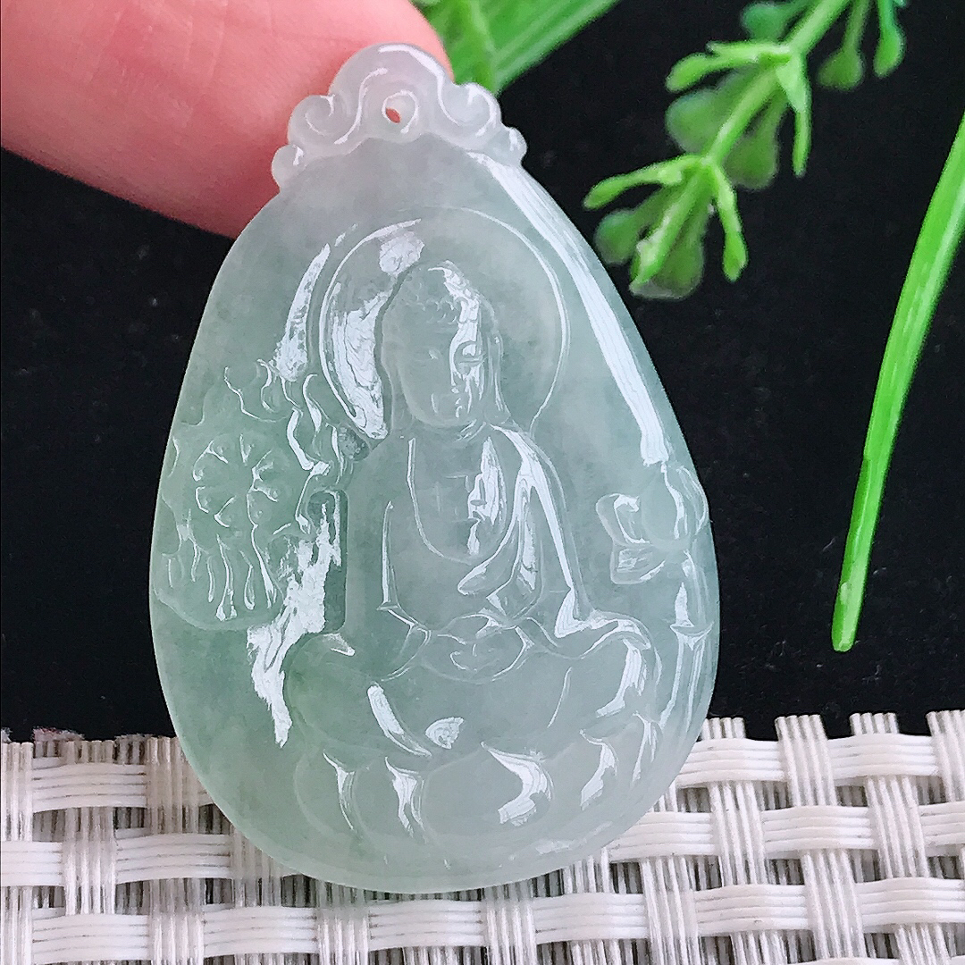 实拍A货翡翠43/29/4.4老坑冰胶果冻冰晴观音菩萨吊坠翡翠玉牌