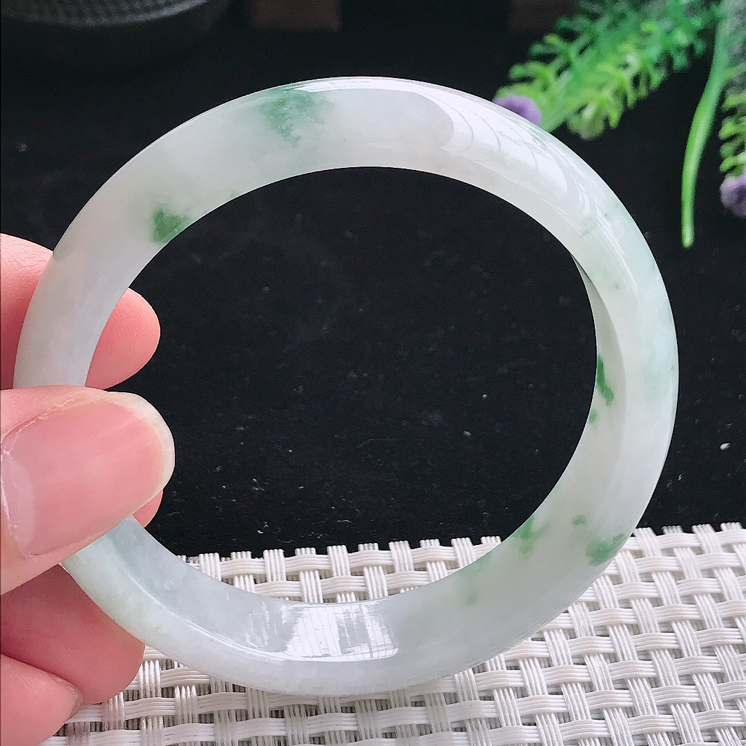 实拍A货翡翠58/13.8/7.5老坑冰润起胶飘花手镯翡翠宽边玉镯平安镯美人镯