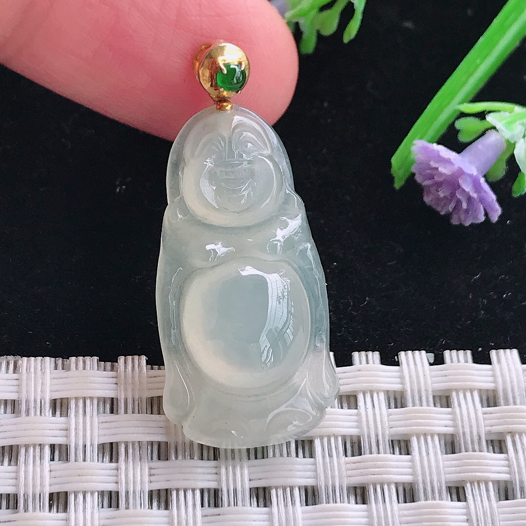 实拍A货翡翠29.2/15/5.8老坑18k金镶嵌冰胶站佛吊坠翡翠玉牌