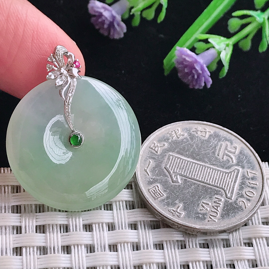 实拍A货翡翠24.6/4.7老坑18k金镶嵌冰胶冰晴绿平安扣吊坠翡翠玉牌
