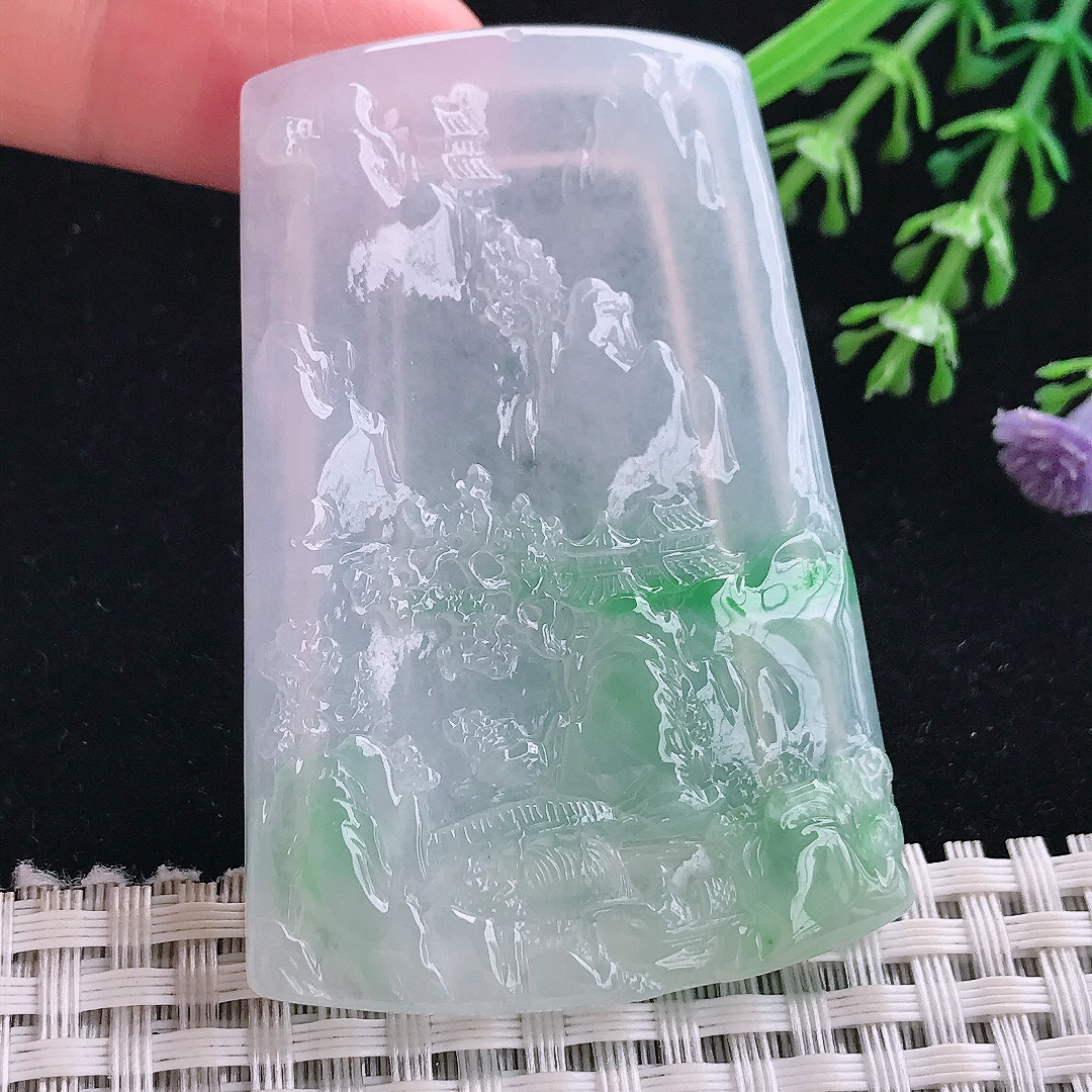 实拍A货翡翠60.6/41.5/5.7老坑冰胶果冻飘阳绿山水牌吊坠大好河山
