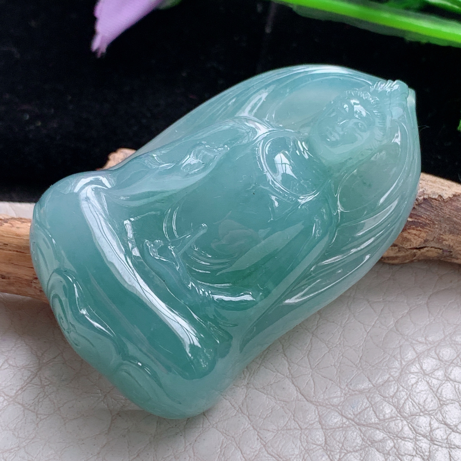 lz实拍52.5*32.3*13天然缅甸翡翠冰蓝持瓶观音 玉观音玉吊坠 玉挂件