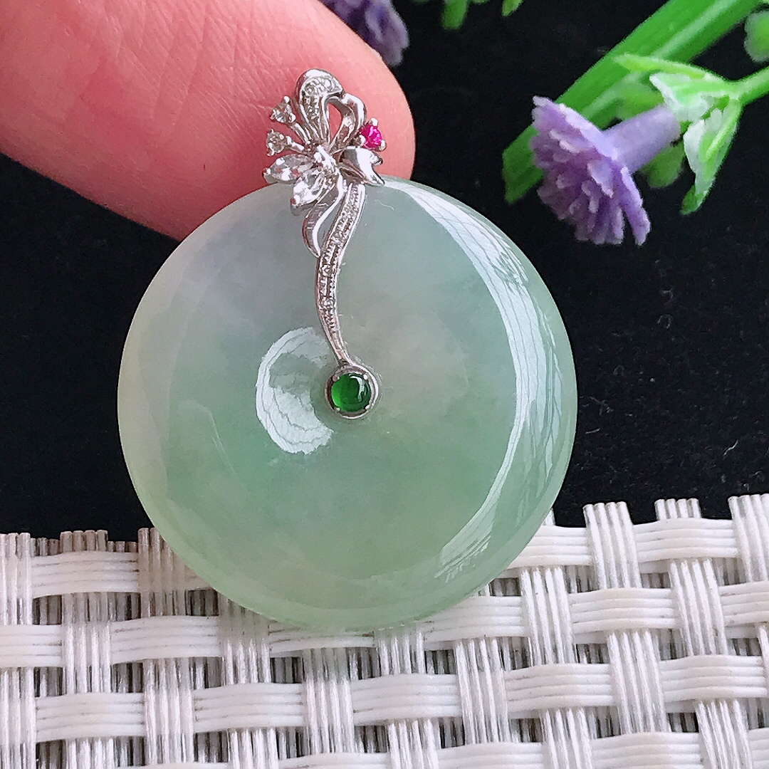 实拍A货翡翠24.6/4.7老坑18k金镶嵌冰胶冰晴绿平安扣吊坠翡翠玉牌