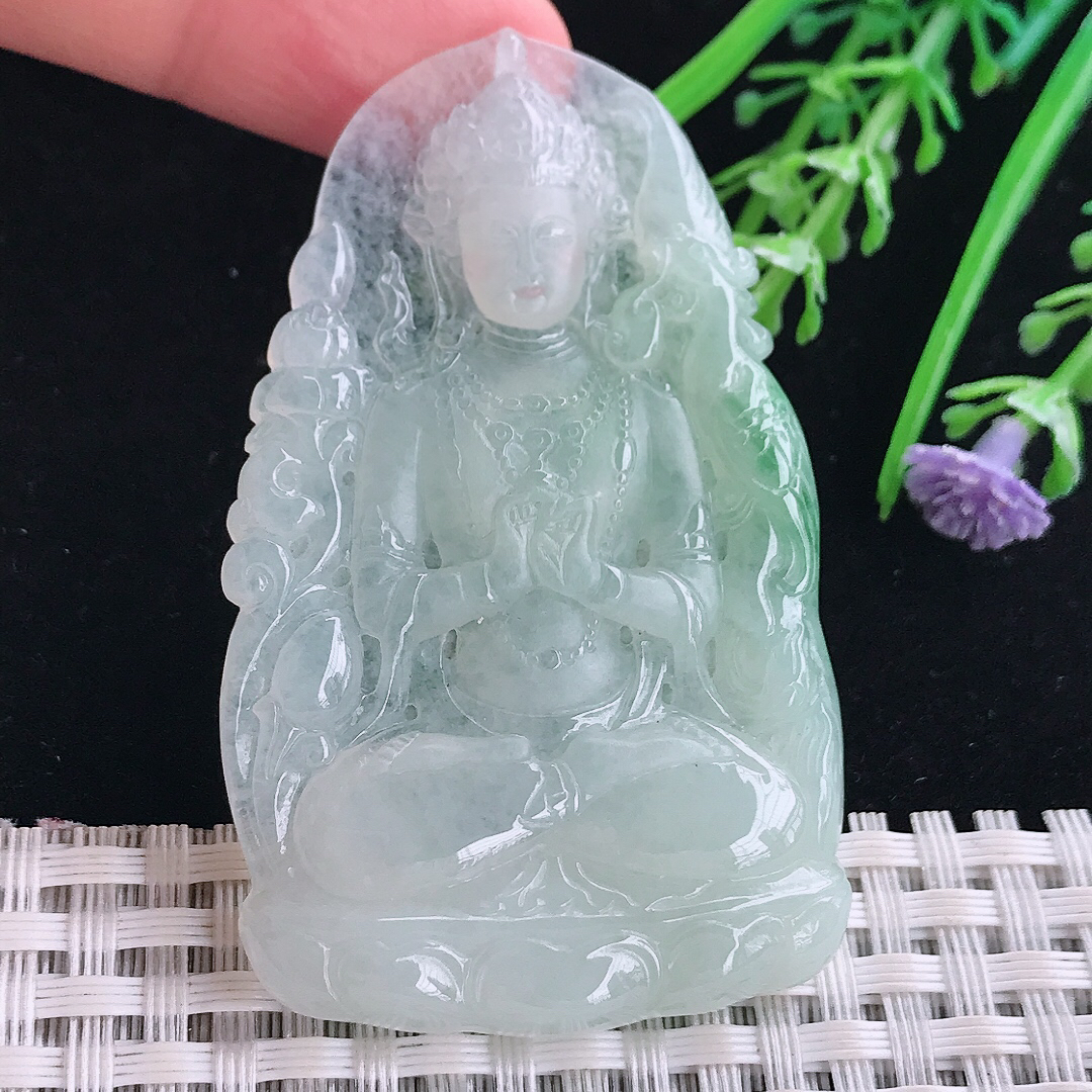 实拍A货翡翠61.5/38.6/5.5老坑冰润起胶冰晴赐福观音吊坠翡翠玉牌