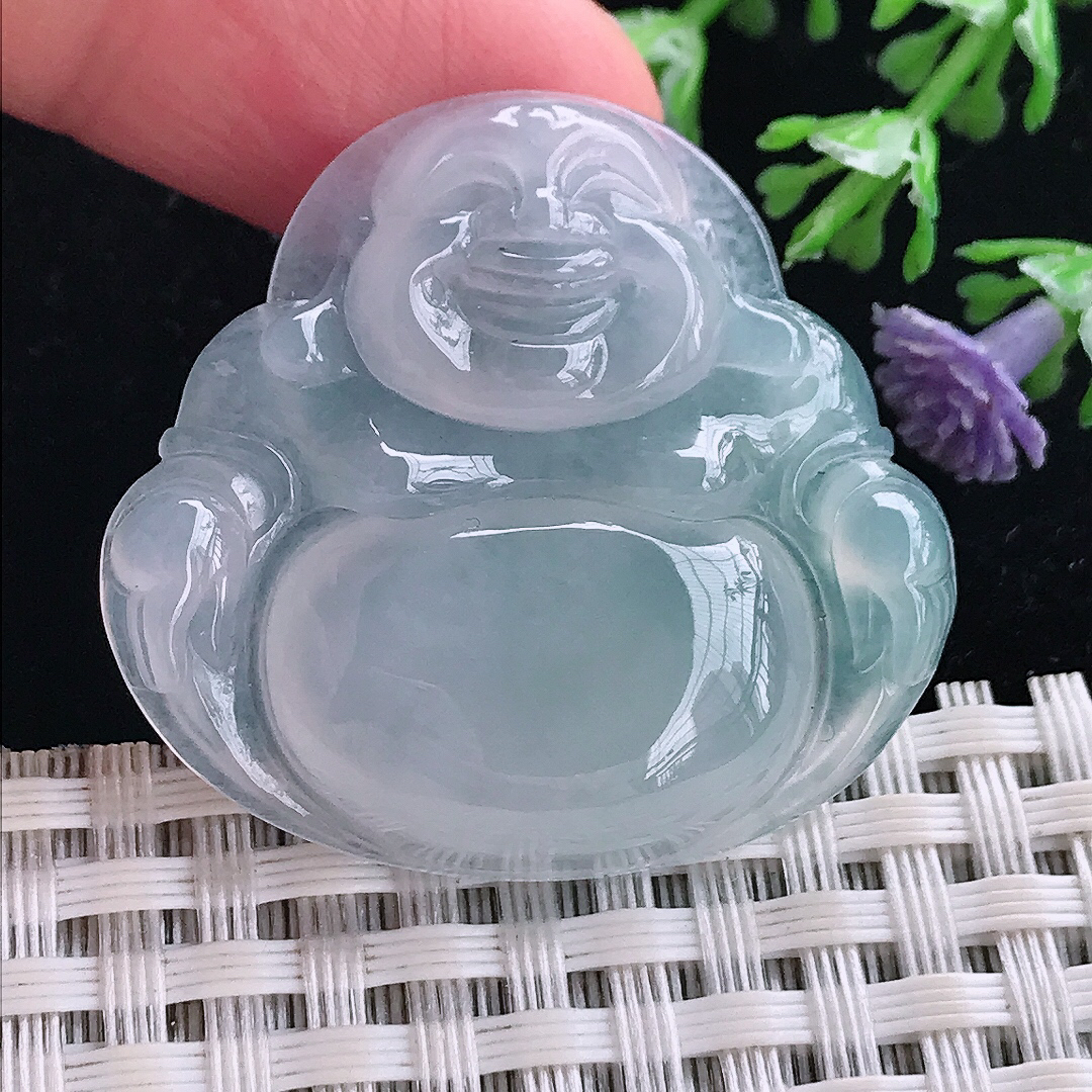 实拍A货翡翠33.8/36.3/6.3老坑冰种果冻胶冰晴天空蓝佛公吊坠