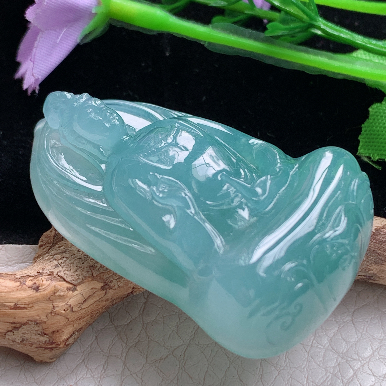 lz实拍52.5*32.3*13天然缅甸翡翠冰蓝持瓶观音 玉观音玉吊坠 玉挂件