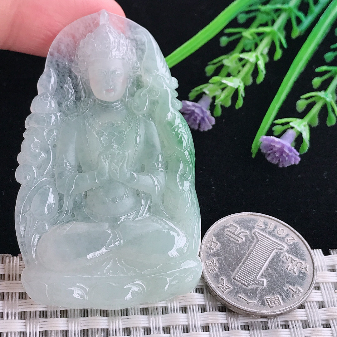 实拍A货翡翠61.5/38.6/5.5老坑冰润起胶冰晴赐福观音吊坠翡翠玉牌
