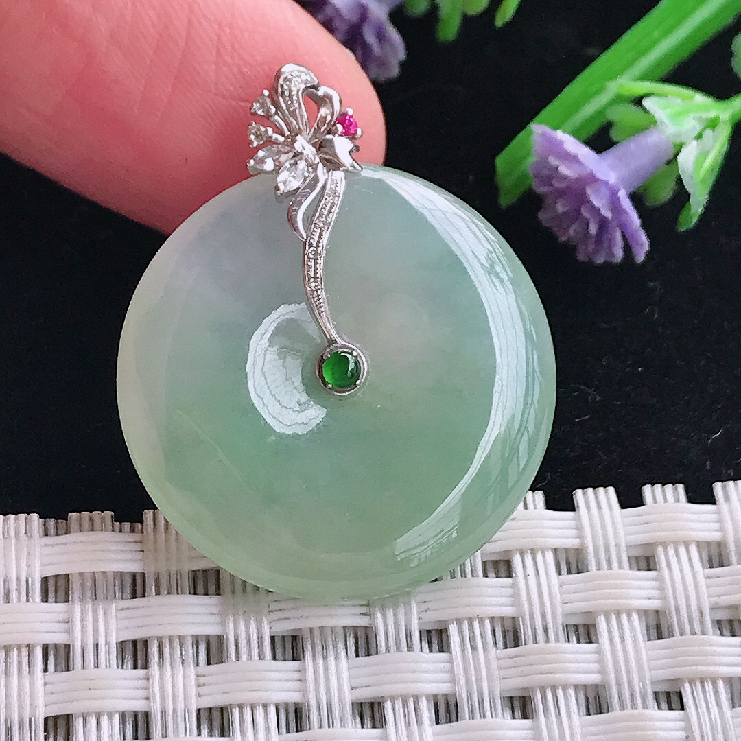 实拍A货翡翠24.6/4.7老坑18k金镶嵌冰胶冰晴绿平安扣吊坠翡翠玉牌