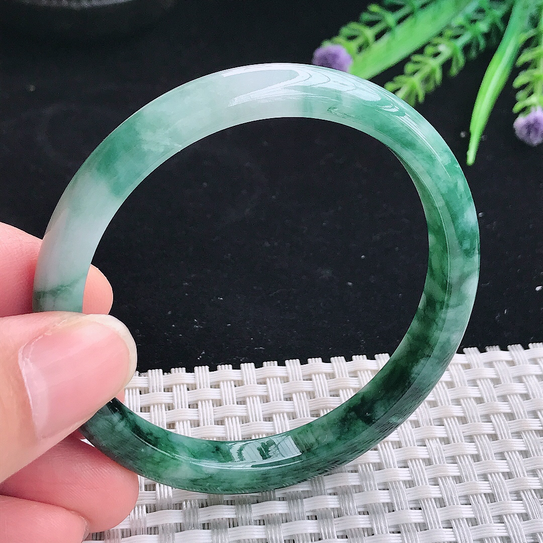 实拍A货翡翠55.5/8.5/6.6老坑精美温润飘花手镯翡翠宽边玉镯平安镯美人镯