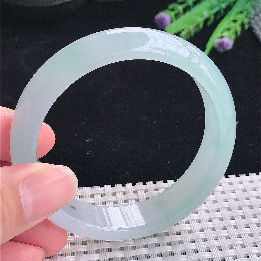 实拍A货翡翠58/14.8/7.8老坑冰透果冻胶冰晴天空蓝手镯翡翠宽边玉镯平安镯