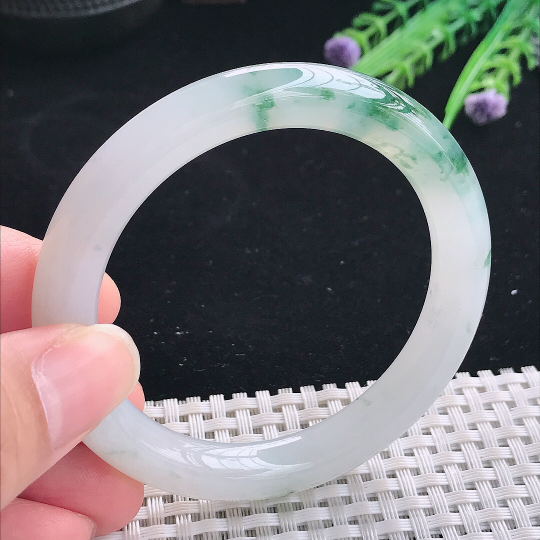 实拍A货翡翠53.5/9/9.3老坑冰胶果冻冰飘花圆条手镯翡翠玉镯平安镯