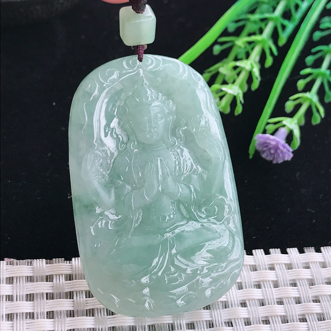 实拍A货翡翠55/35.8/6.2老坑冰润起胶冰晴四臂观音吊坠翡翠玉观音
