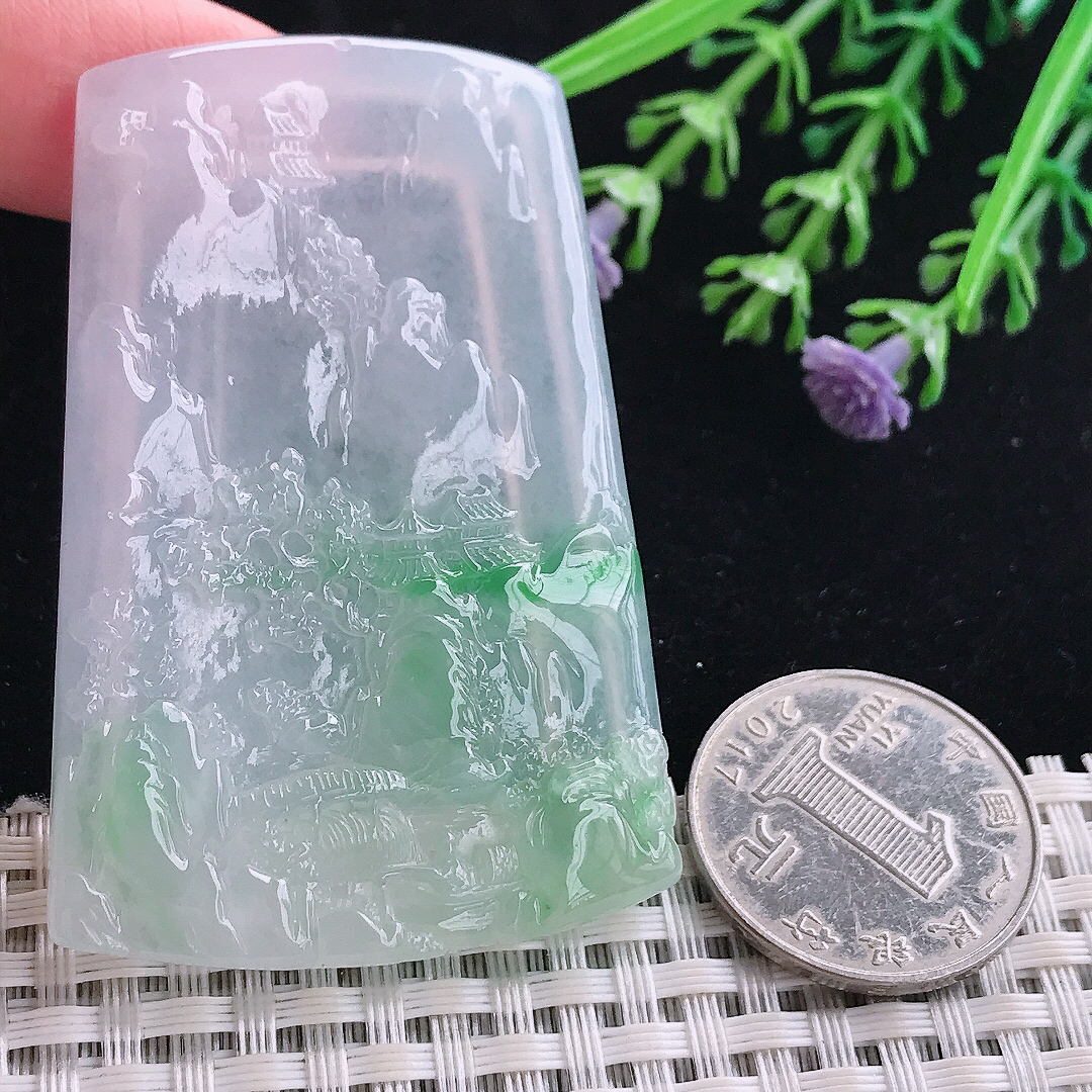 实拍A货翡翠60.6/41.5/5.7老坑冰胶果冻飘阳绿山水牌吊坠大好河山