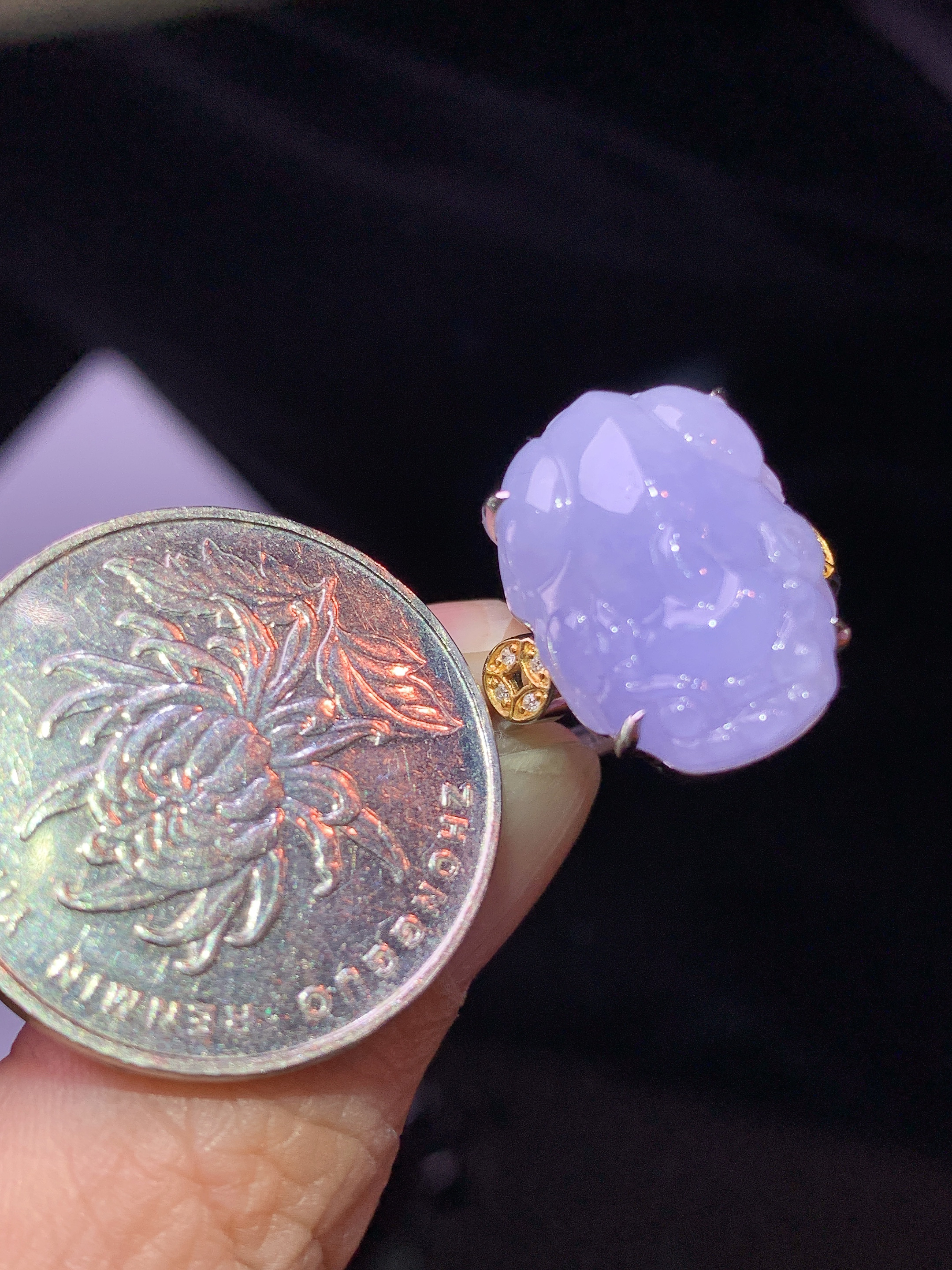 18k金钻镶嵌紫罗兰貔貅戒指 吊坠 玉质细腻 水润亮眼 色泽艳丽 圈口14 裸石尺寸17.8*13.2*7f1