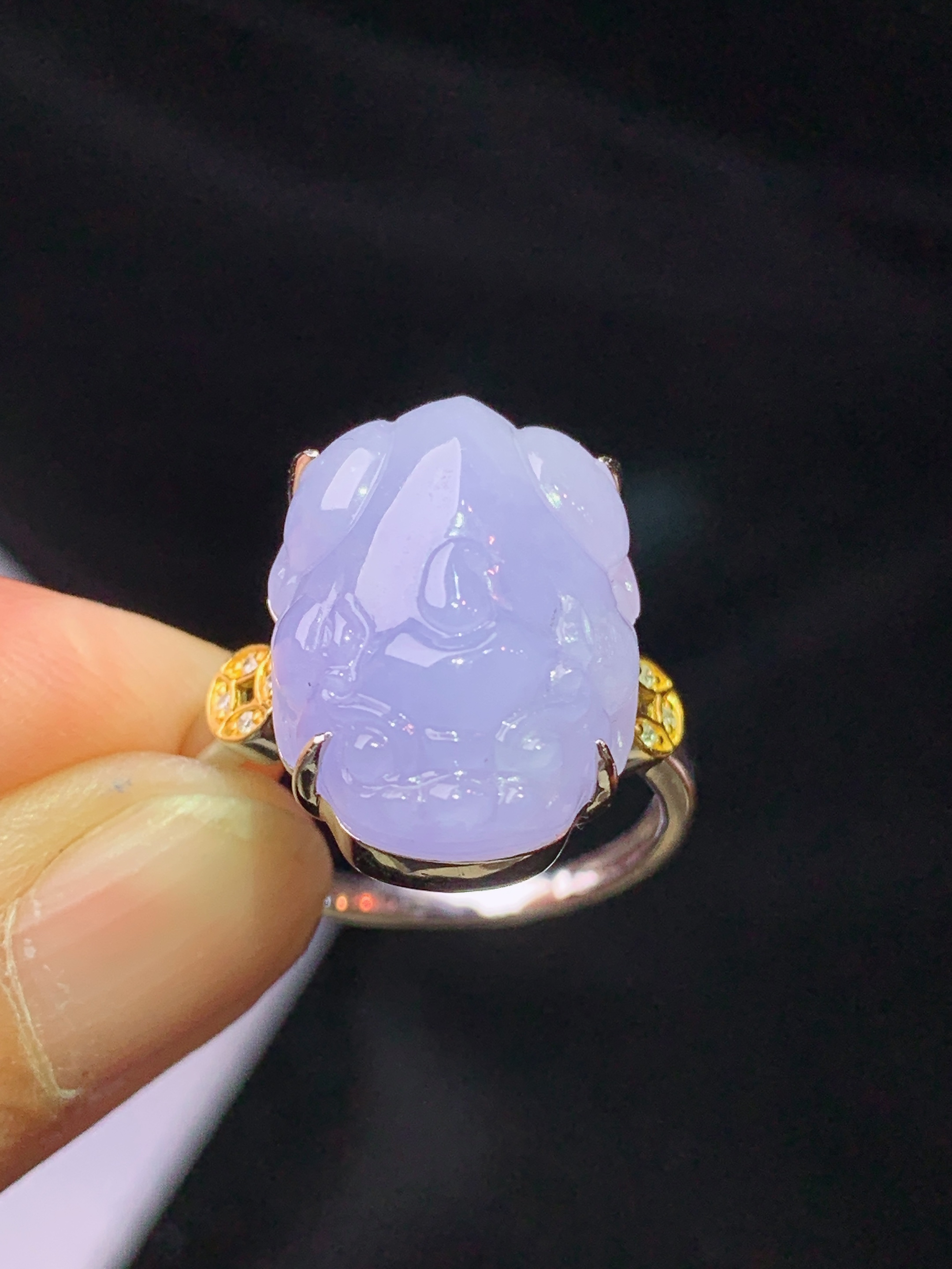 18k金钻镶嵌紫罗兰貔貅戒指 吊坠 玉质细腻 水润亮眼 色泽艳丽 圈口14 裸石尺寸17.8*13.2*7f1