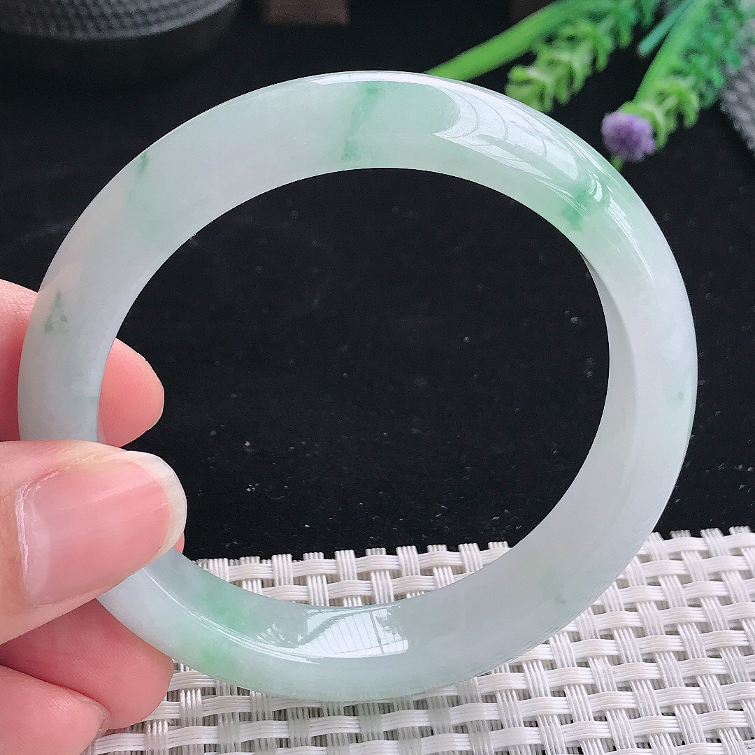 实拍A货翡翠58/13/8.5老坑冰润起胶冰飘花手镯翡翠宽边玉镯平安镯美人镯