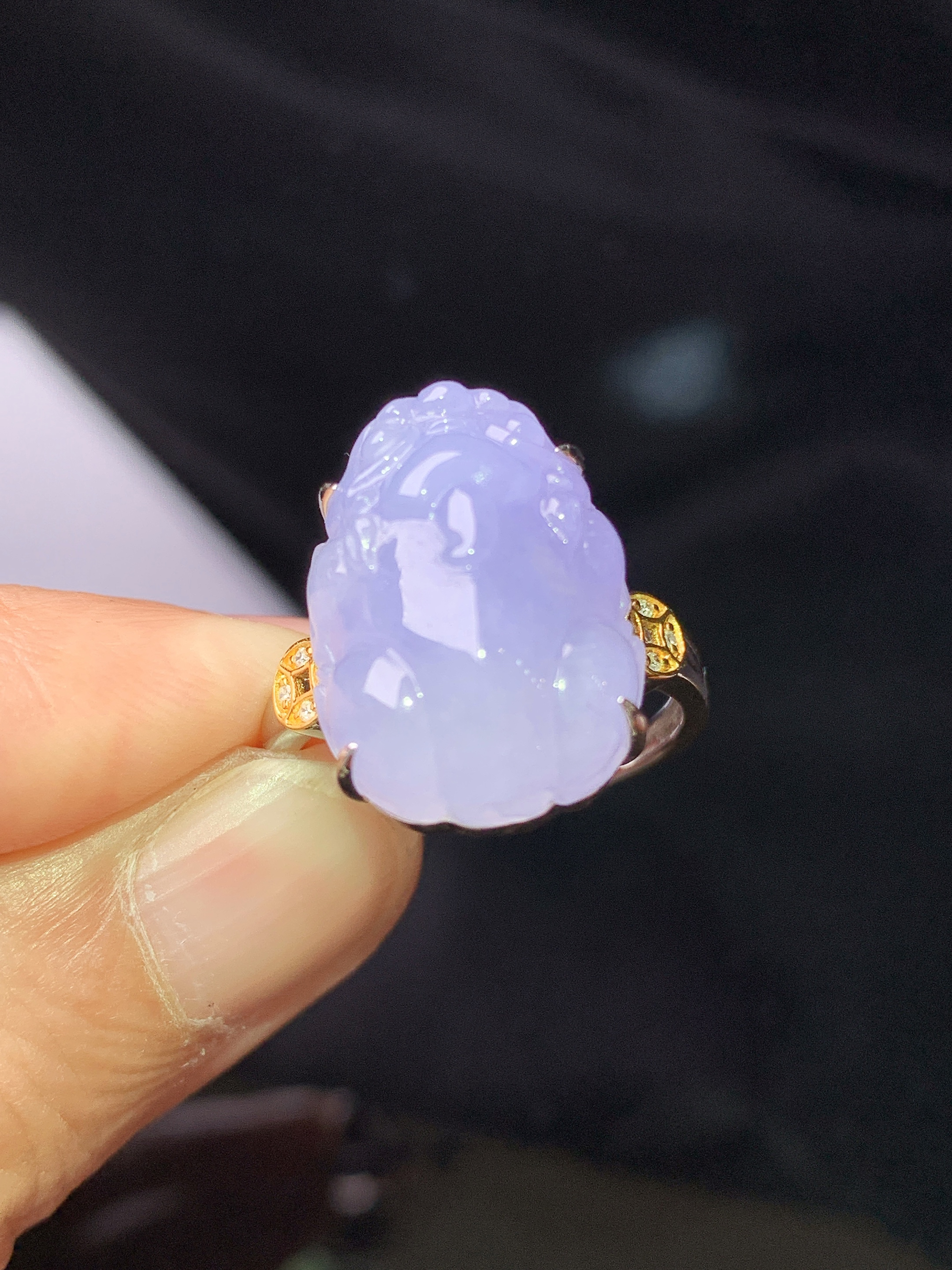 18k金钻镶嵌紫罗兰貔貅戒指 吊坠 玉质细腻 水润亮眼 色泽艳丽 圈口14 裸石尺寸17.8*13.2*7f1