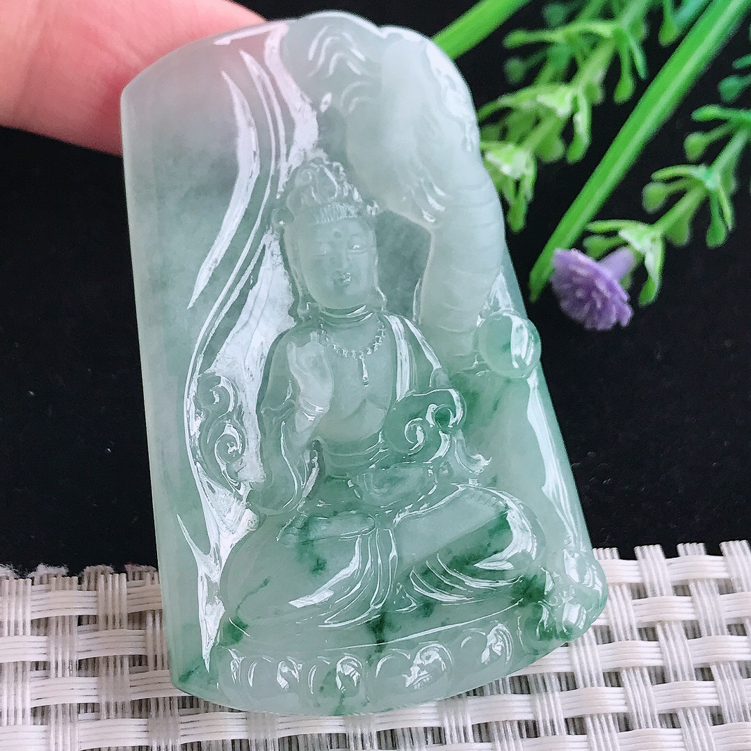 实拍A货翡翠61.5/39/6.6老坑冰胶果冻冰飘花普贤菩萨吊坠翡翠玉牌守护神