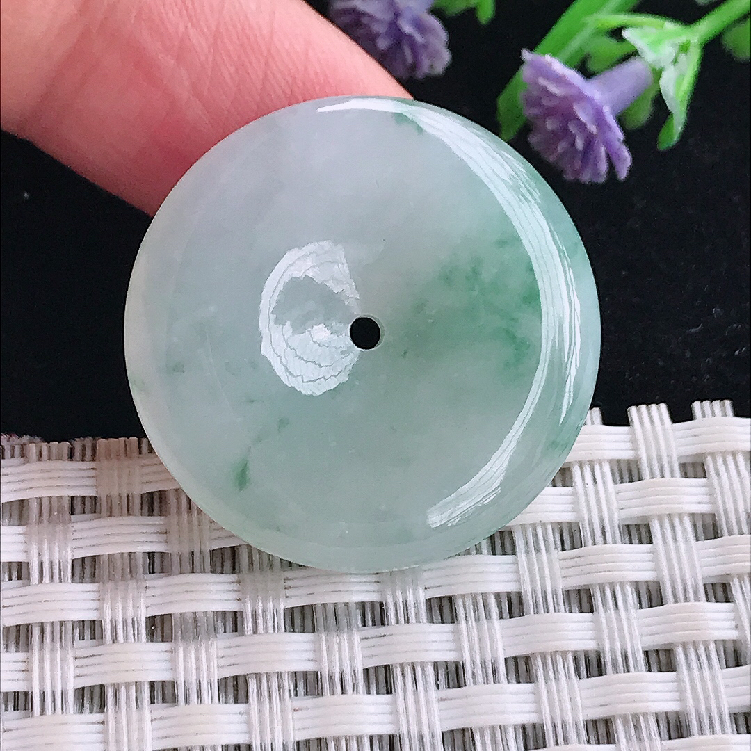 实拍A货翡翠28.4/5.6老坑冰润起胶飘花平安扣吊坠翡翠玉牌