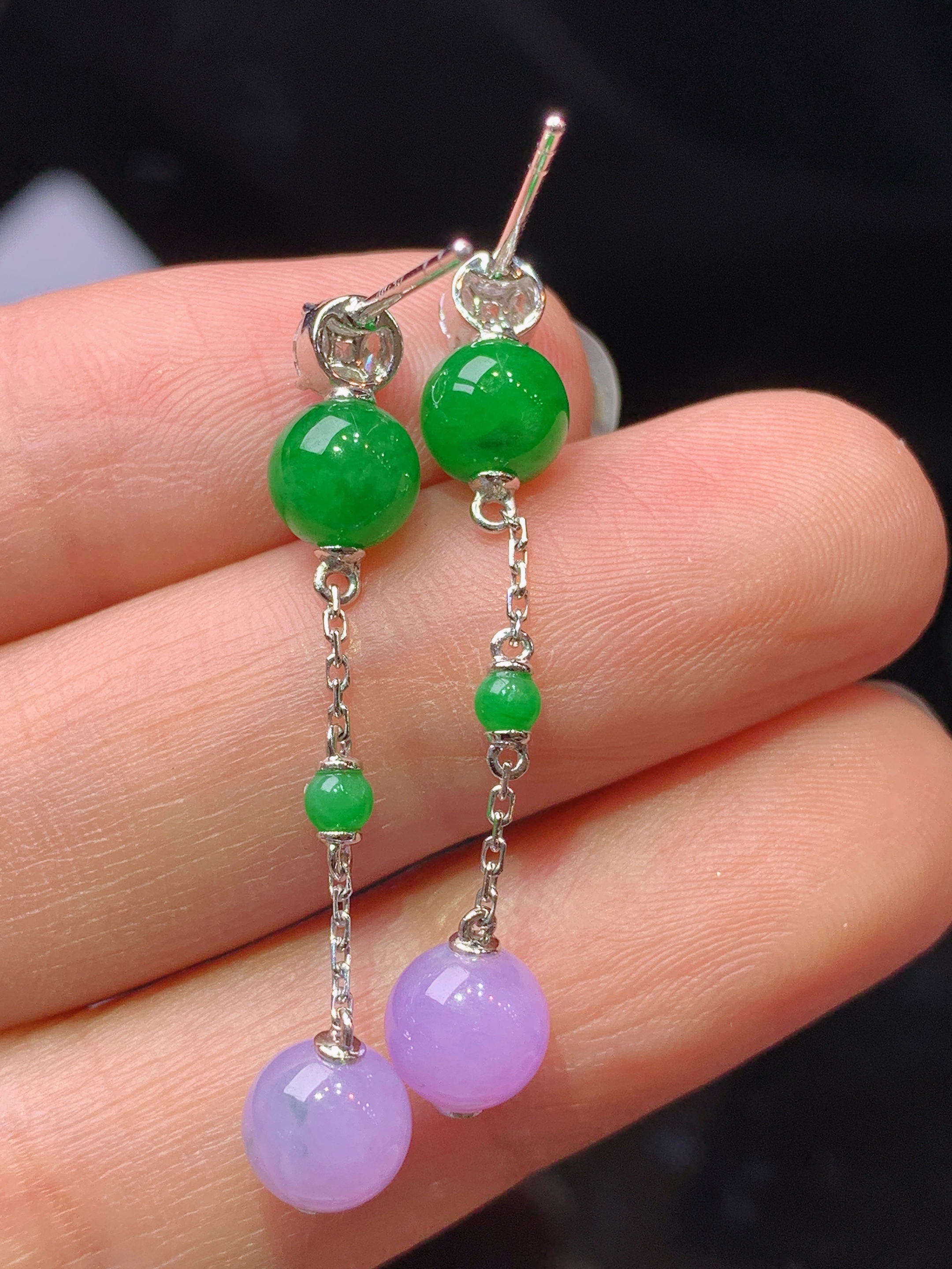 18k金钻镶嵌紫罗兰满绿圆组合耳坠 玉质细腻 色泽艳丽清新 水润亮眼 整体尺寸36.5*6.2m5