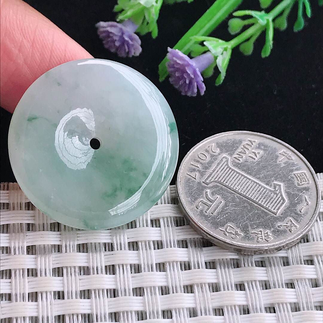 实拍A货翡翠28.4/5.6老坑冰润起胶飘花平安扣吊坠翡翠玉牌