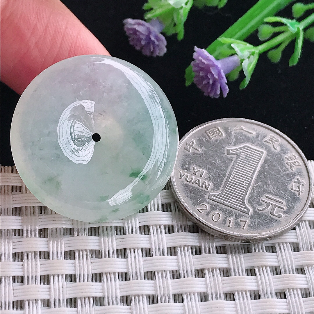 实拍A货翡翠28/6.2老坑冰胶水灵冰飘花平安扣吊坠翡翠玉扣挂件