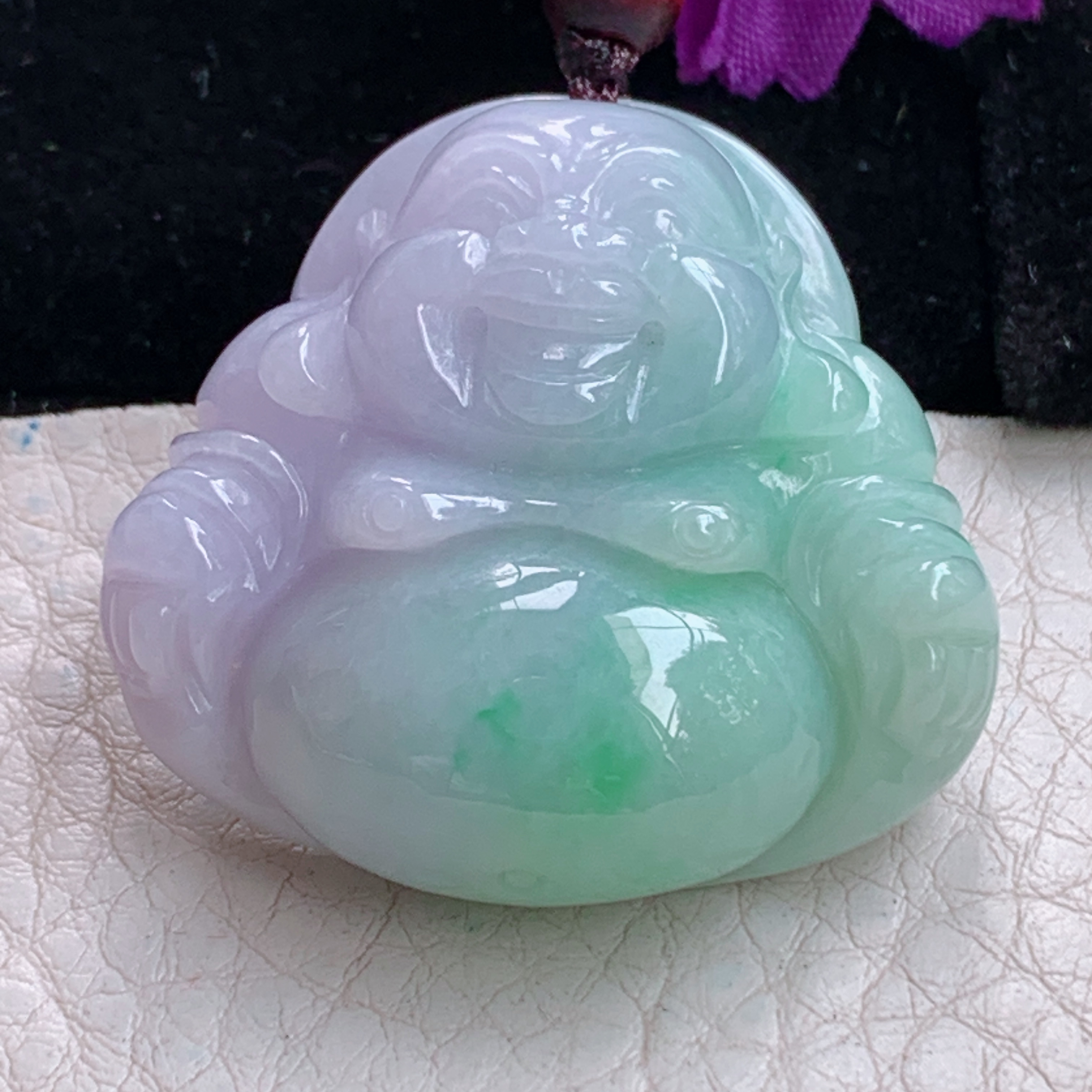 zen实拍36*37.5*12.8缅甸翡翠春带彩佛公吊坠 大肚弥勒佛像项坠