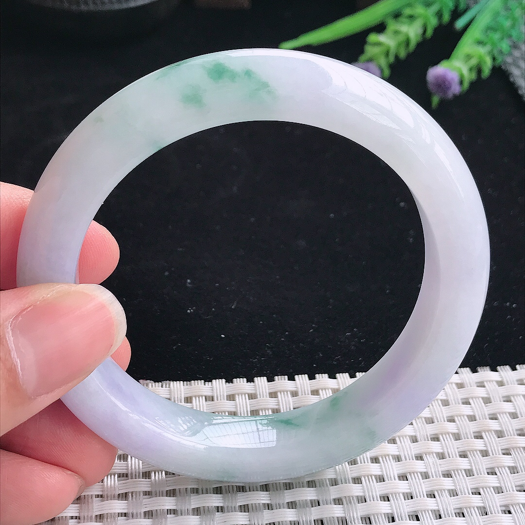 实拍A货翡翠57.8/11.8/9.5老坑精美温润紫罗兰飘花手镯翡翠宽边玉镯平安镯