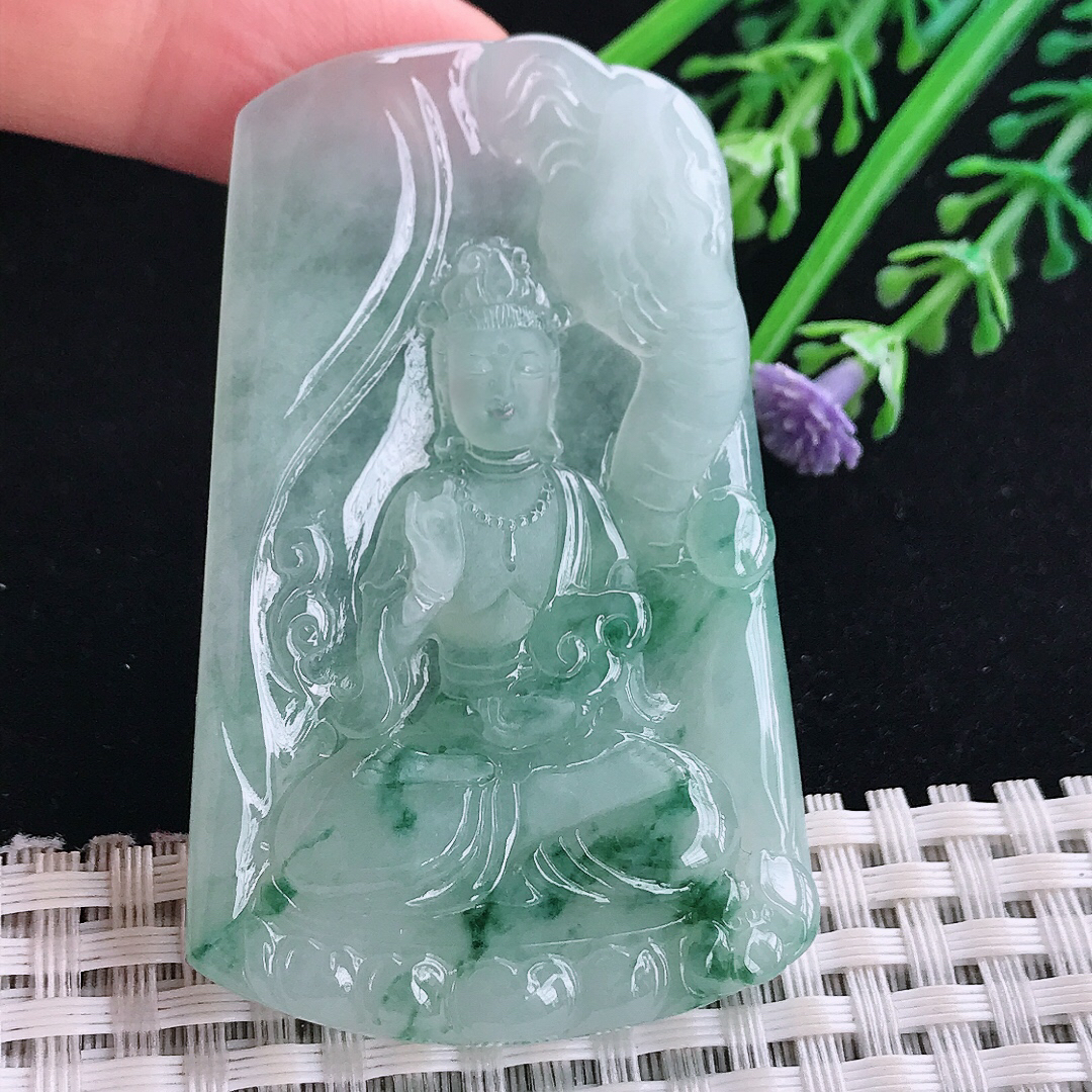 实拍A货翡翠61.5/39/6.6老坑冰胶果冻冰飘花普贤菩萨吊坠翡翠玉牌守护神